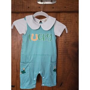 St Patricks Day - Lucky Gingham Romper & Shirt - 2 piece set - Green - Size 3T